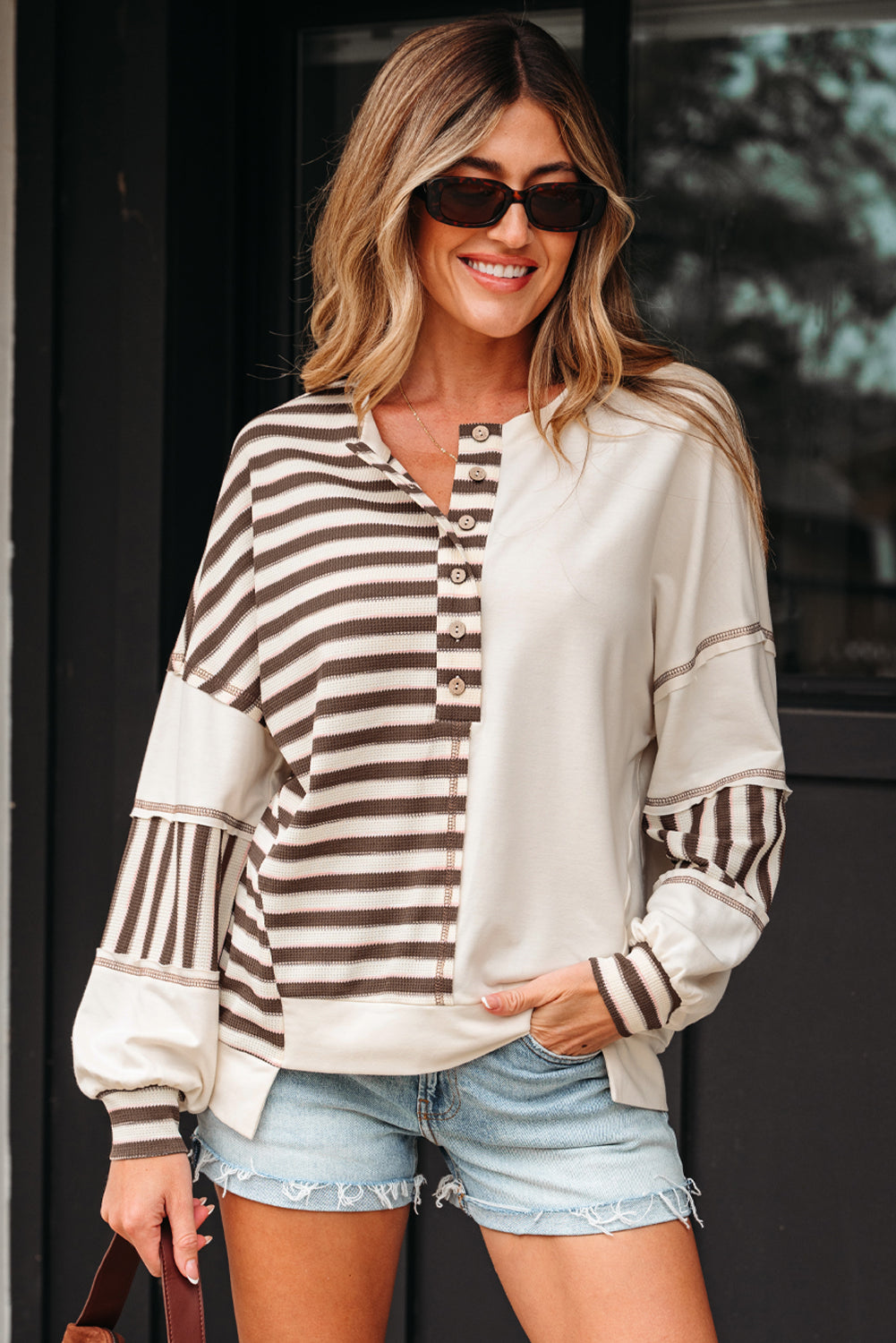 Stripe Patchwork Long Sleeve Henley Top