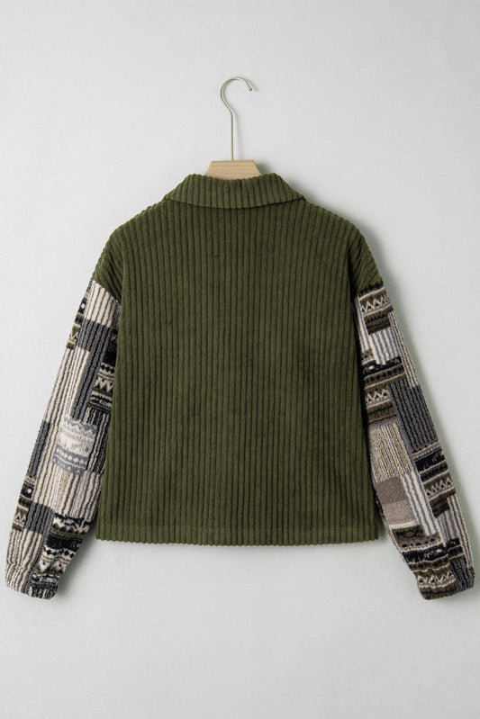 Plaid Patchwork Sleeve Button-Up Ribbed Fleece Jacket