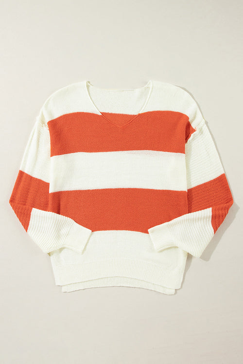 Colorblock Stripe Drop Shoulder Bubble Sleeve Sweater