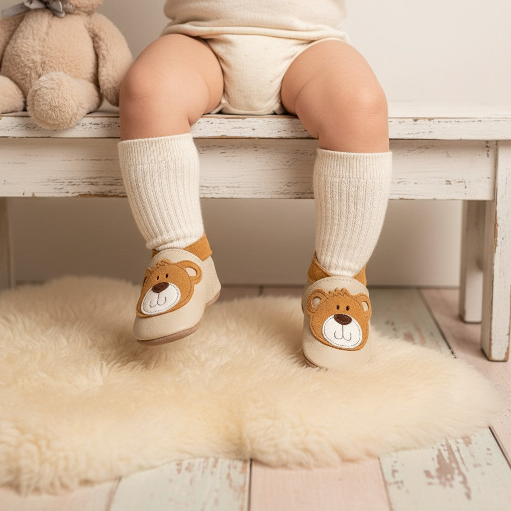 Leather Baby Shoes - Teddy Cream - Inch Blue