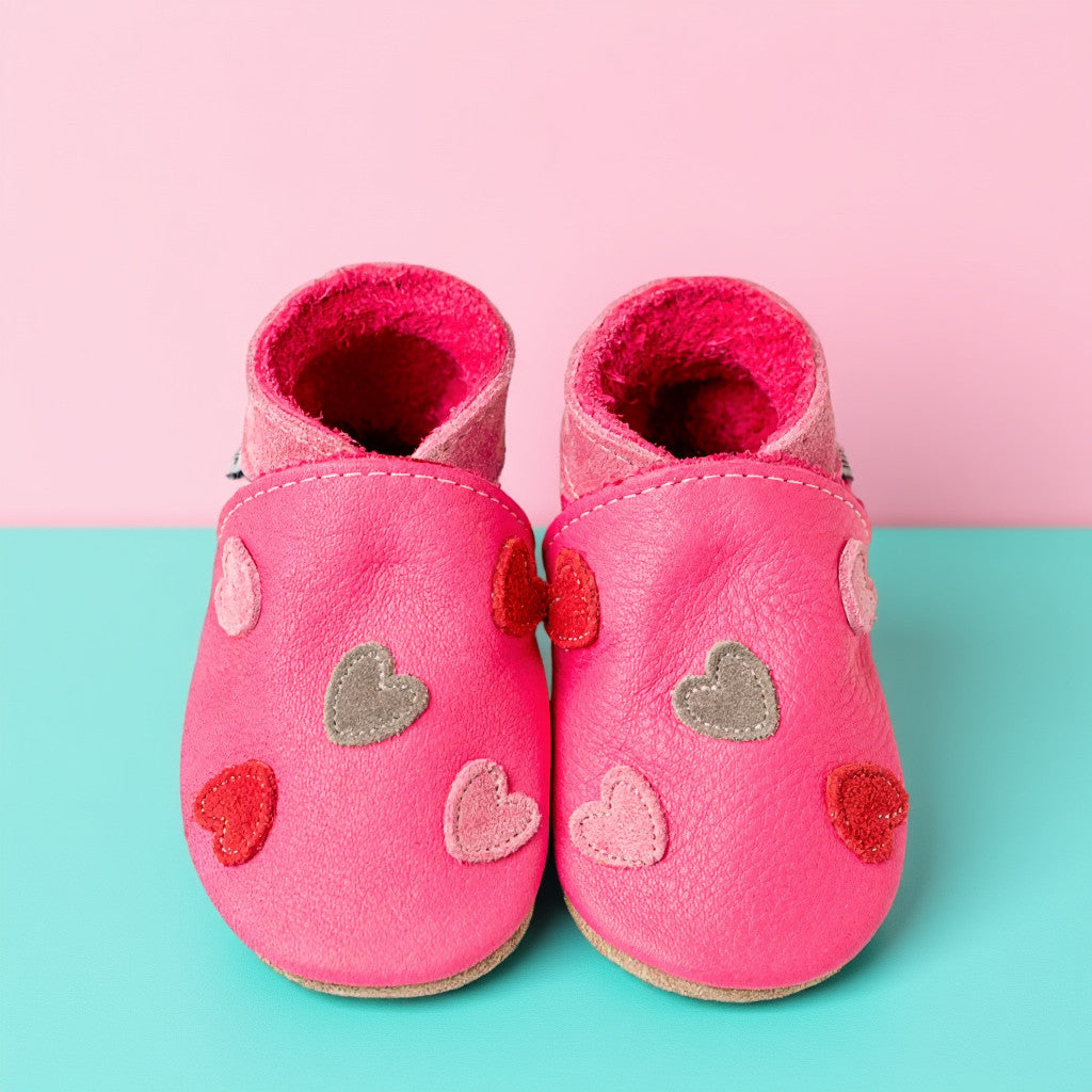 Leather Baby Shoes - Cariad Hot Pink - Inch Blue