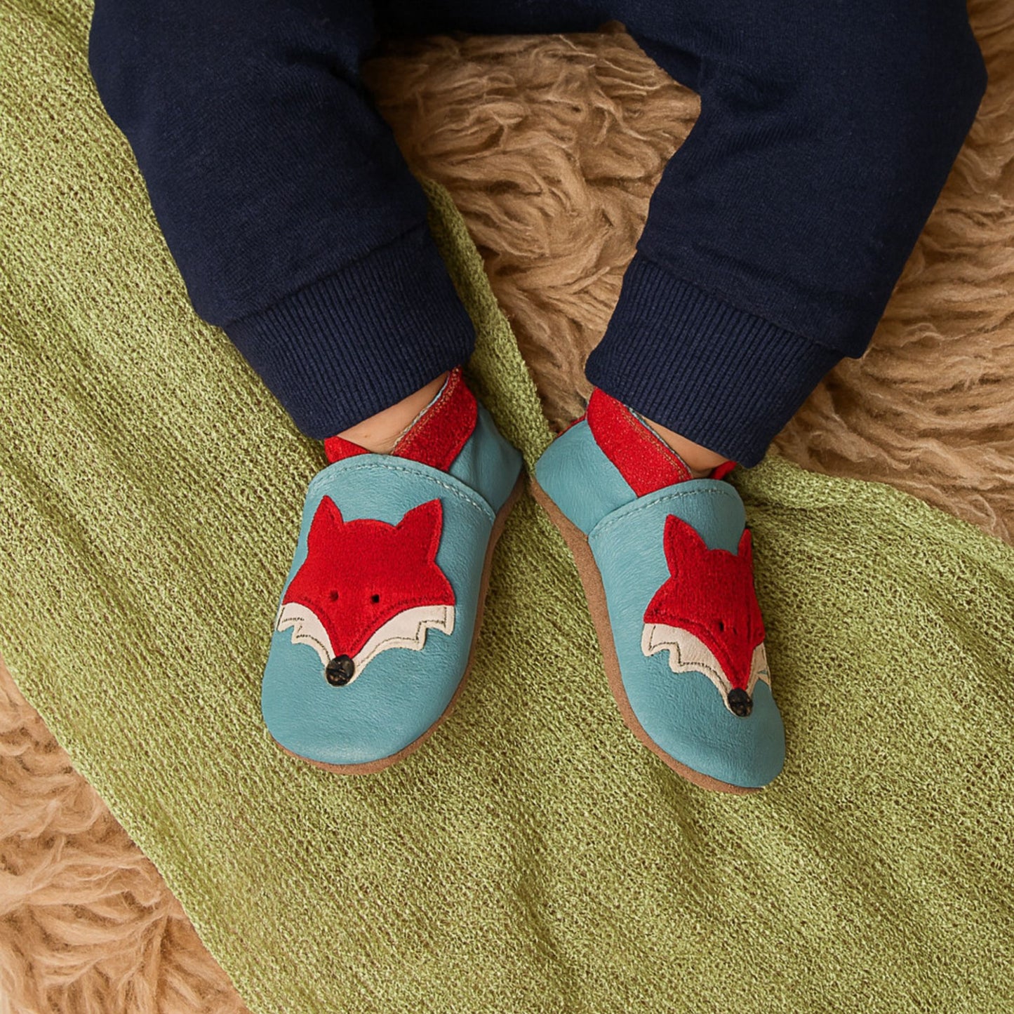 Leather Baby Shoes - Mr Fox Sky Blue/Red - Inch Blue