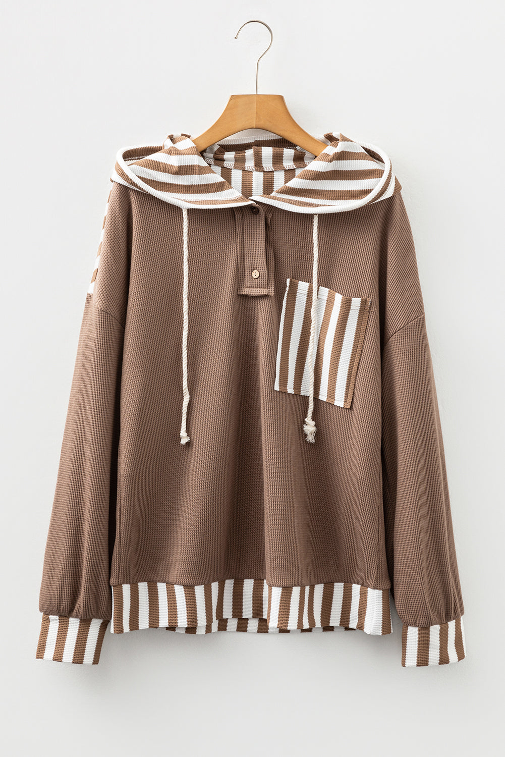 Stripe Patchwork Waffle Knit Buttoned Hoodie