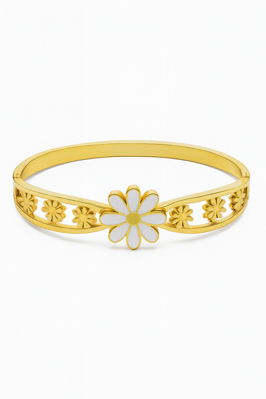 Gold Floral Bracelet – White Enamel Flower Design for Women