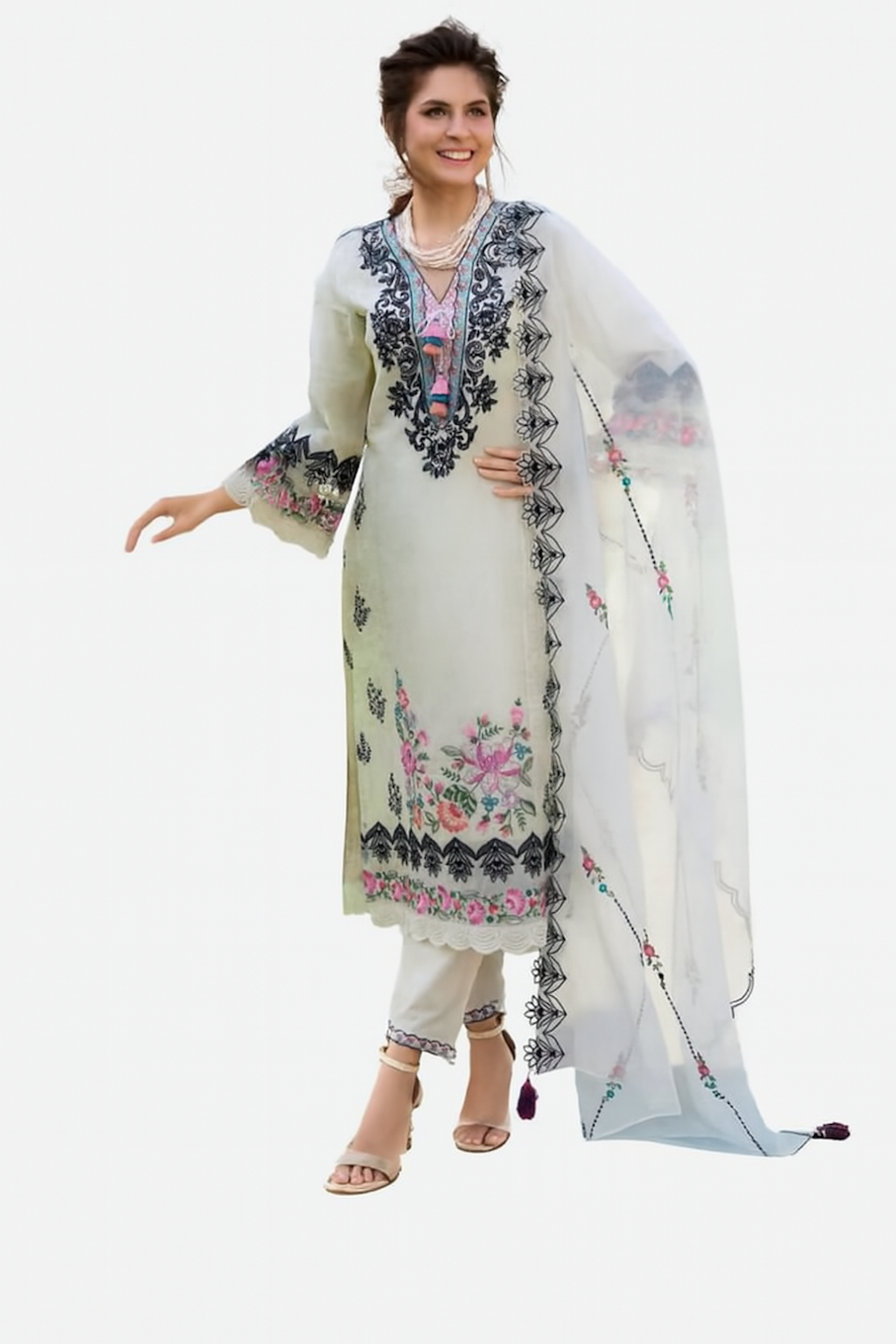 Women Embroidery Kurta Set-Off White (Size-4XL) | D461