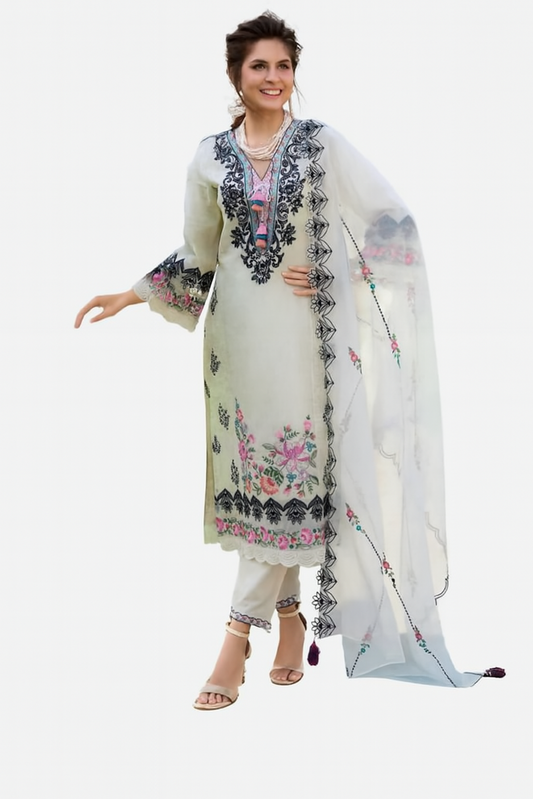 Women Embroidery Kurta Set-Off White (Size-4XL) | D461