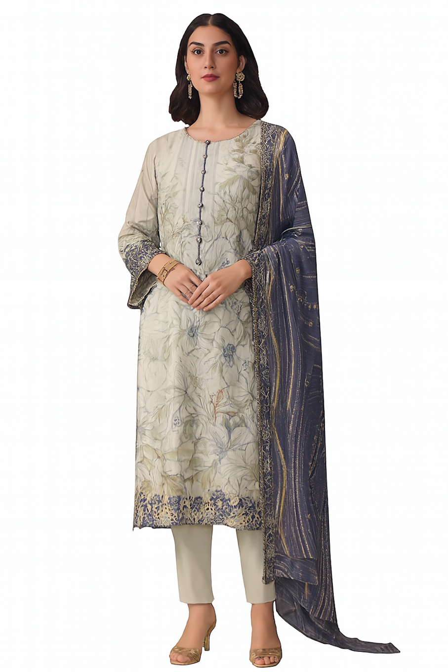 Women Embroidery Kurta Set-White (Size-M) | D424