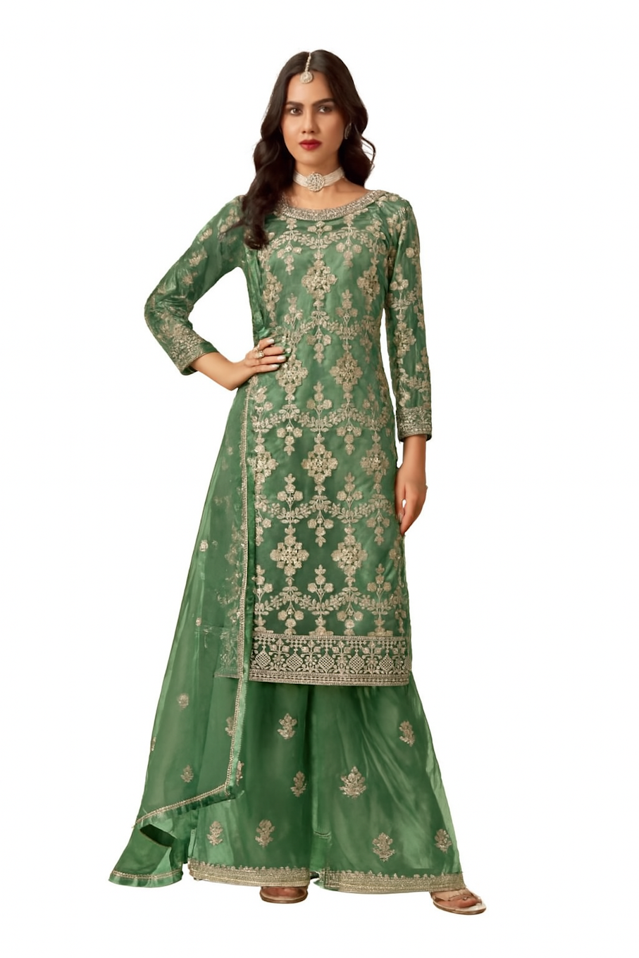 Women Embroidery Kurta Set-Green (Size-3XL) | D436