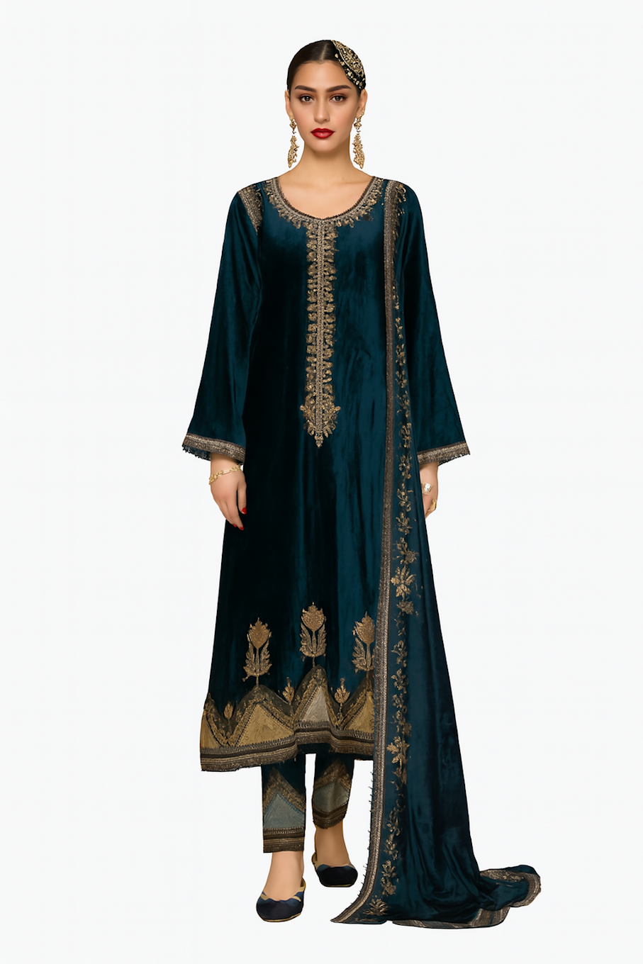 Women Embroidery Kurta Set-Teal (Size-2XL) | D518
