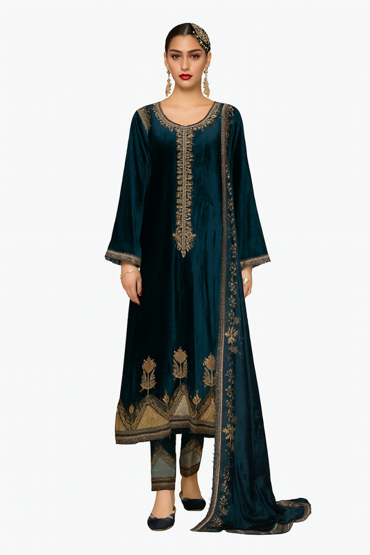 Women Embroidery Kurta Set-Teal (Size-2XL) | D518