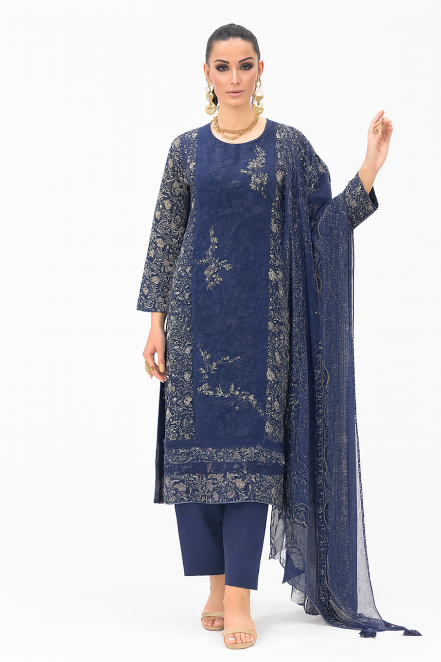 Women Embroidery Kurta Set-Navy (Size-2XL) | D501