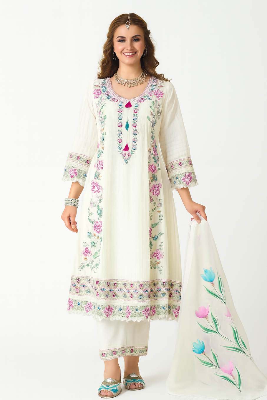 Women Embroidery Kurta Set-White (Size-L) | D464
