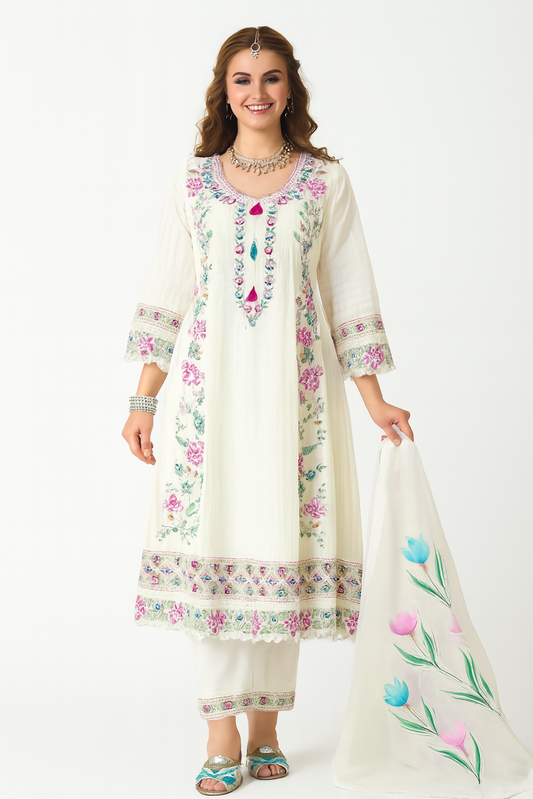 Women Embroidery Kurta Set-White (Size-L) | D464