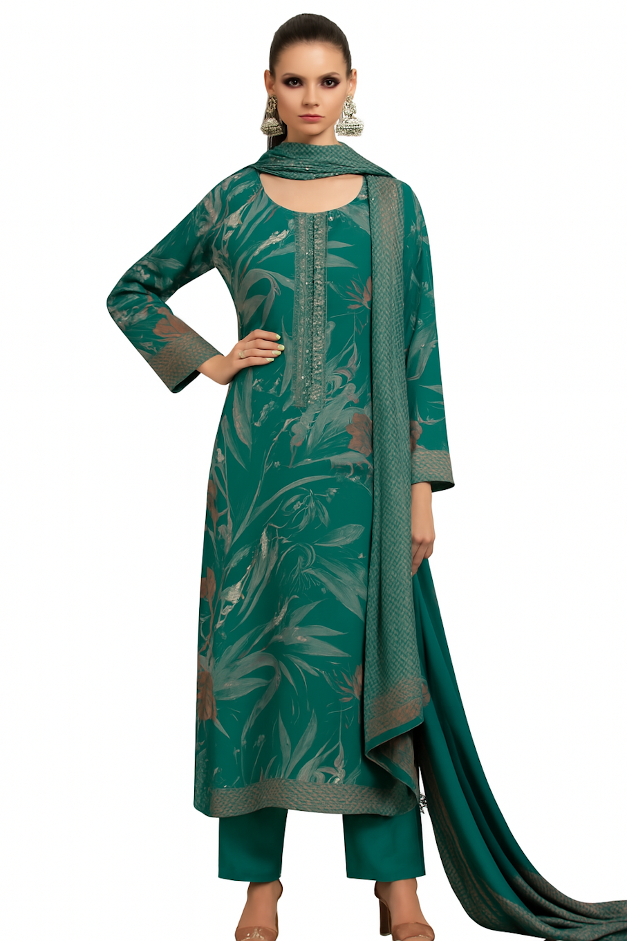 Women Embroidery Kurta Set-Teal (Size-2XL) | D506
